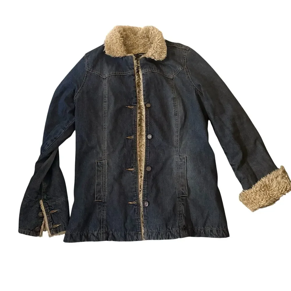 Abercrombie & Fitch Women's Blue Denim Sherpa Jacket Button Front Size L